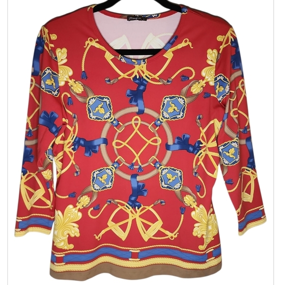 J McLaughlin Catalina Cloth Top Red Gold Equestrian Neo Sable 3/4 Sleeve Size L - Picture 4 of 8